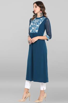 Turquoise printed crepe ethnic kurtis 3