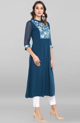 Turquoise printed crepe ethnic kurtis 4