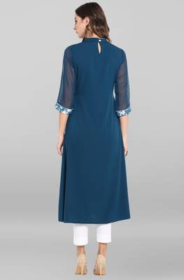 Turquoise printed crepe ethnic kurtis 5