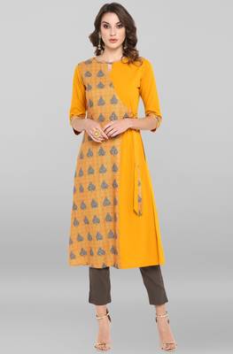 Janasya Mustard printed crepe ethnic kurtis 1