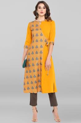 Janasya Mustard printed crepe ethnic kurtis 2