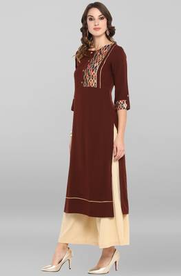 Janasya Brown plain crepe ethnic kurtis 3