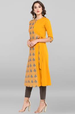 Janasya Mustard printed crepe ethnic kurtis 3