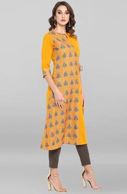 Janasya Mustard printed crepe ethnic kurtis 4