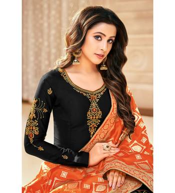 Black & Orange Cotton Jam Silk Women's Salwar Suit With Banarasi Dupatta 2