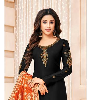 Black & Orange Cotton Jam Silk Women's Salwar Suit With Banarasi Dupatta 3