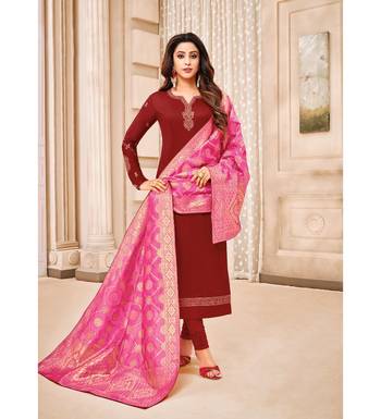 Maroon & Pink Cotton Jam Silk Women's Salwar Suit With Banarasi Dupatta 1
