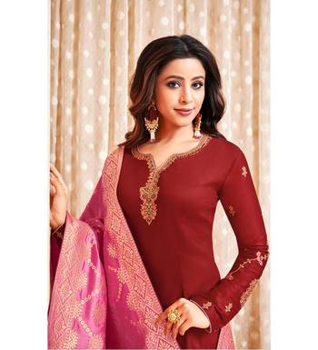 Maroon & Pink Cotton Jam Silk Women's Salwar Suit With Banarasi Dupatta 2