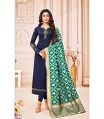 Navy Blue & Teal Cotton Jam Silk Women's Salwar Suit With Banarasi Dupatta