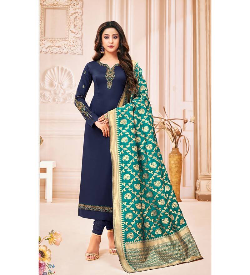 Navy Blue & Teal Cotton Jam Silk Women's Salwar Suit With Banarasi Dupatta