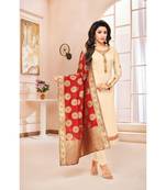 Cream & Red Cotton Jam Silk Women's Salwar Suit With Banarasi Dupatta