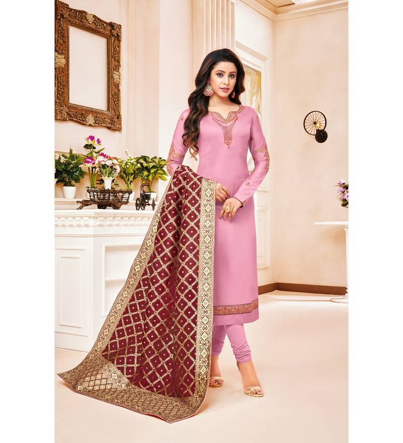 Pink & Maroon Cotton Jam Silk Women's Salwar Suit With Banarasi Dupatta