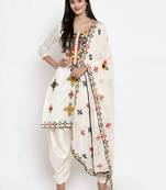 White Chanderi Silk Women's Unstitched Phulkari Dress Material