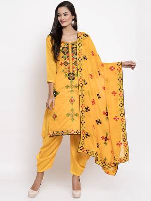 Yellow Chanderi Silk Women's Unstitched Phulkari Dress Material 1