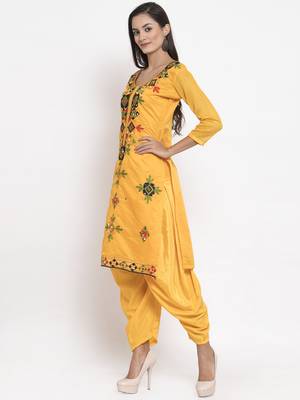 Yellow Chanderi Silk Women's Unstitched Phulkari Dress Material 3