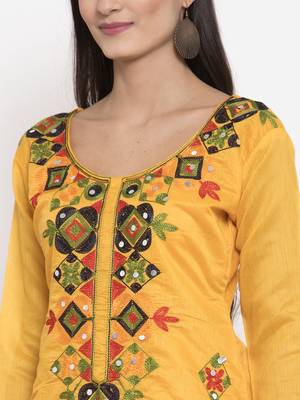 Yellow Chanderi Silk Women's Unstitched Phulkari Dress Material 4