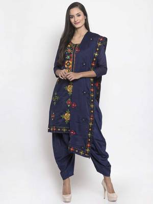 Navy Blue Chanderi Silk Women's Unstitched Phulkari Dress Material 1