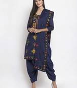 Navy Blue Chanderi Silk Women's Unstitched Phulkari Dress Material