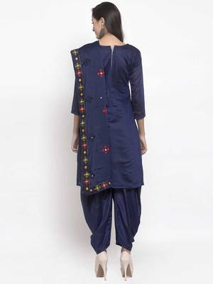 Navy Blue Chanderi Silk Women's Unstitched Phulkari Dress Material 2