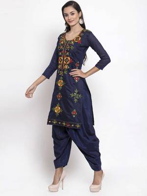 Navy Blue Chanderi Silk Women's Unstitched Phulkari Dress Material 3