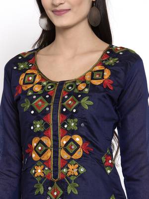 Navy Blue Chanderi Silk Women's Unstitched Phulkari Dress Material 4