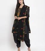 Black Chanderi Silk Women's Unstitched Phulkari Dress Material