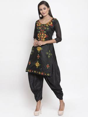 Black Chanderi Silk Women's Unstitched Phulkari Dress Material 3