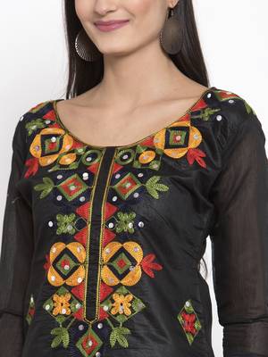 Black Chanderi Silk Women's Unstitched Phulkari Dress Material 4
