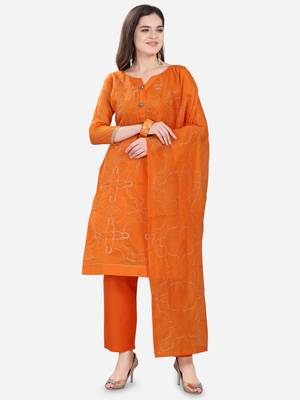 Orange Chanderi Silk Women's Unstitched Dress Material 1