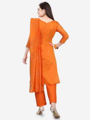 Orange Chanderi Silk Women's Unstitched Dress Material 2