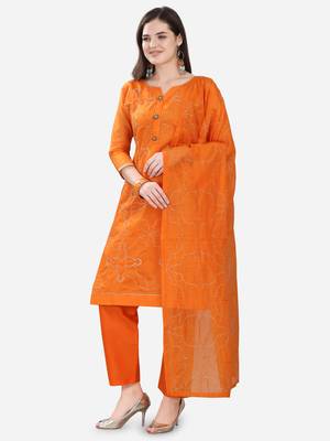 Orange Chanderi Silk Women's Unstitched Dress Material 3