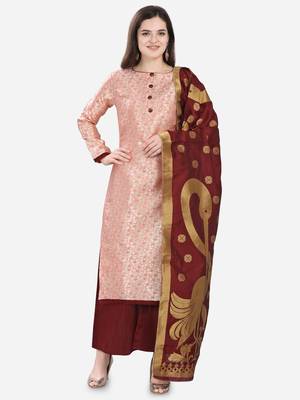 Peach & Maroon Jacquard Women's Unstitched Dress Material 1