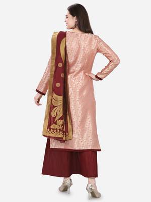 Peach & Maroon Jacquard Women's Unstitched Dress Material 2