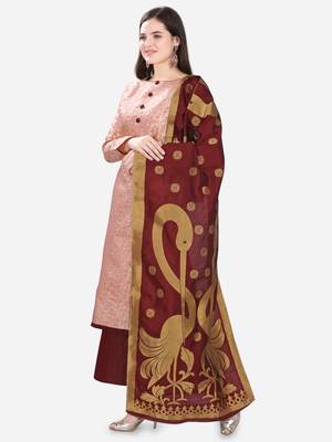 Peach & Maroon Jacquard Women's Unstitched Dress Material 3
