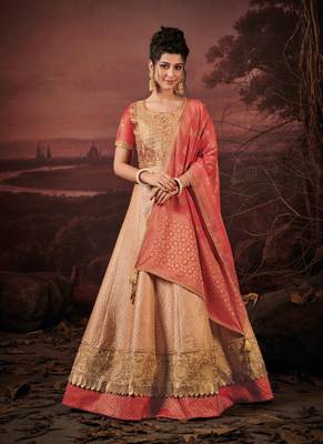 Light-peach embroidered silk semi stitched lehenga 1
