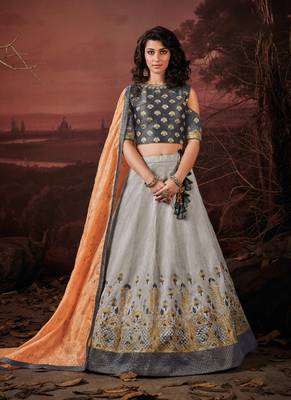 Grey embroidered silk semi stitched lehenga 1
