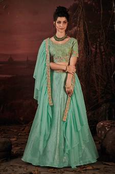 Sky-blue embroidered organza semi stitched lehenga