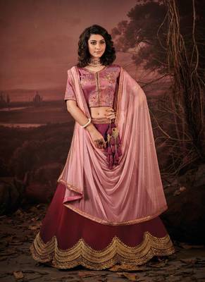 Burgundy embroidered silk semi stitched lehenga 1