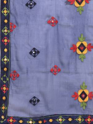 Navy Blue Chanderi Silk Women's Unstitched Phulkari Dress Material 5