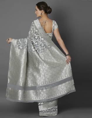 Grey woven viscose saree with blouse 3