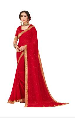  red embroidered georgette saree with blouse 1