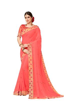 Pink embroidered georgette saree with blouse 1
