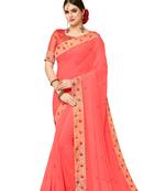 Pink embroidered georgette saree with blouse