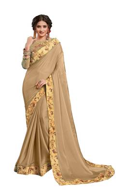 Beige embroidered georgette saree with blouse 1