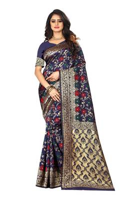 Navy Blue Woven Cotton Silk Saree With Blouse 1