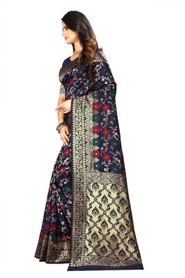 Navy Blue Woven Cotton Silk Saree With Blouse 2