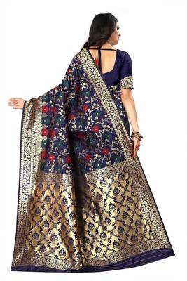 Navy Blue Woven Cotton Silk Saree With Blouse 3