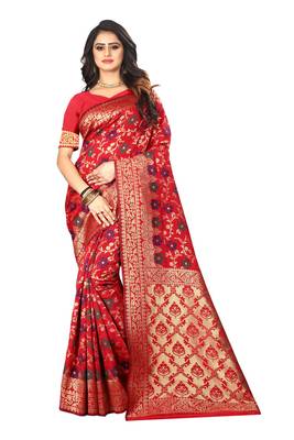 Red Woven Cotton Silk Saree With Blouse 1