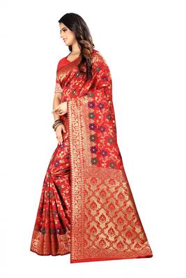 Red Woven Cotton Silk Saree With Blouse 2