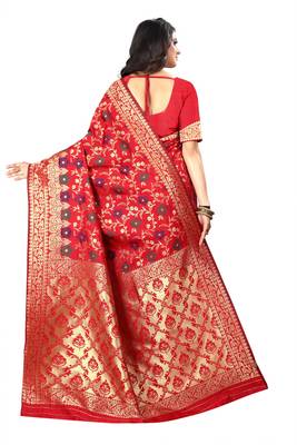 Red Woven Cotton Silk Saree With Blouse 3